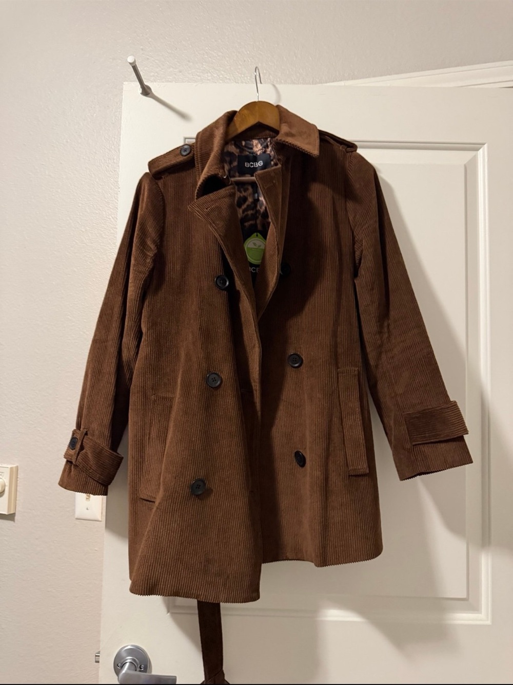 BCBG Brown Corduroy Double-Breasted Pea Coat